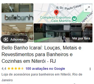 Cliente Bello Banho Icaraí: perfil no Google Meu Negócio, nota 4,4 com 100 avaliações (captura de 20/10/2026)