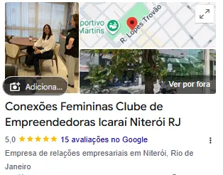 Cliente Conexões Femininas Clube de Empreendedoras: perfil no Google Meu Negócio, nota 5,0 com 15 avaliações (captura de 20/10/2026)