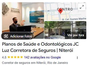 Cliente JC Luz Corretora de Seguros: perfil no Google Meu Negócio, nota 4,8 com 142 avaliações (captura de 20/10/2026)